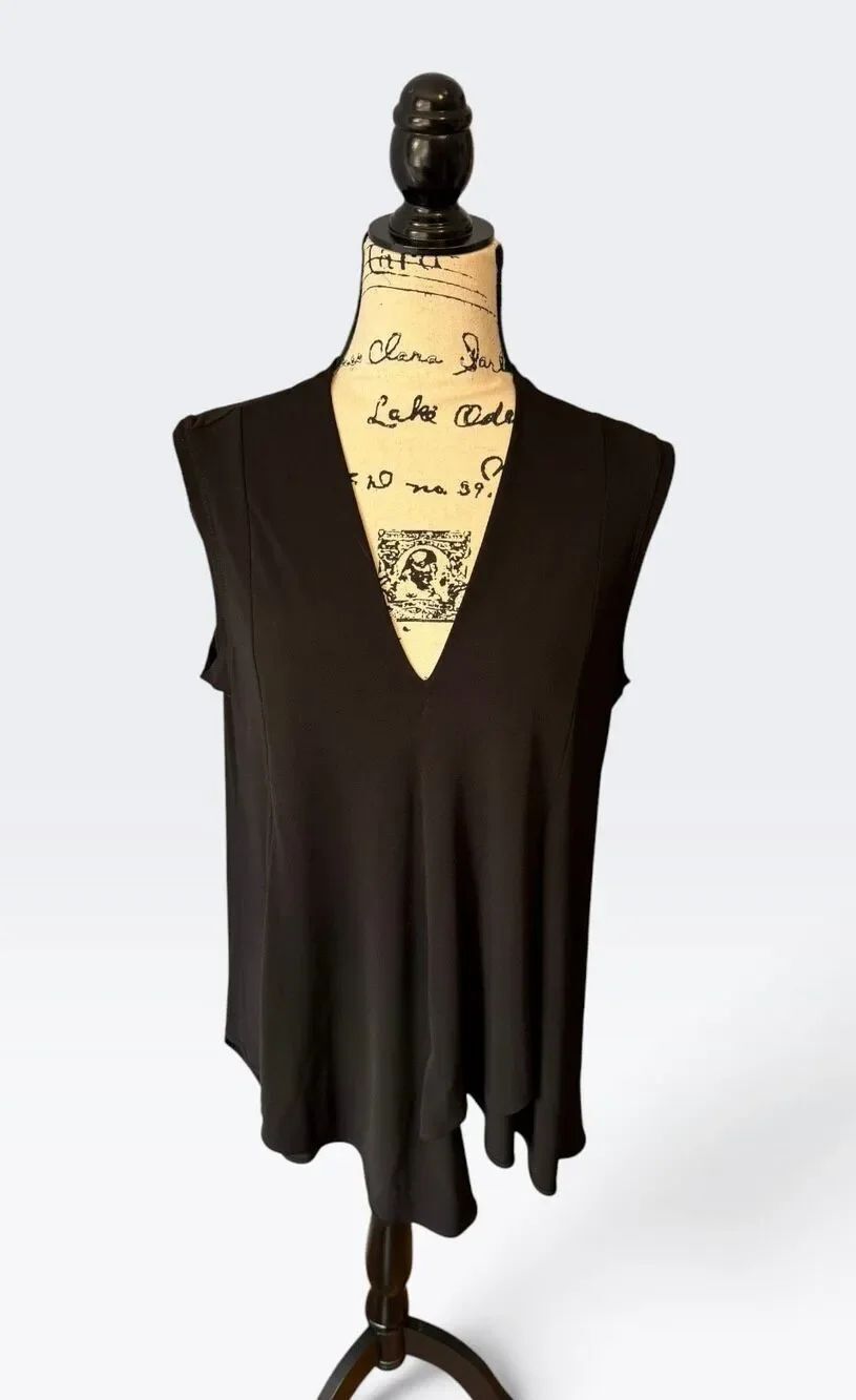 Joseph Ribkoff Black V-Neck Tank Top Asymmetric Handkerchief Hem Tunic Sz 12